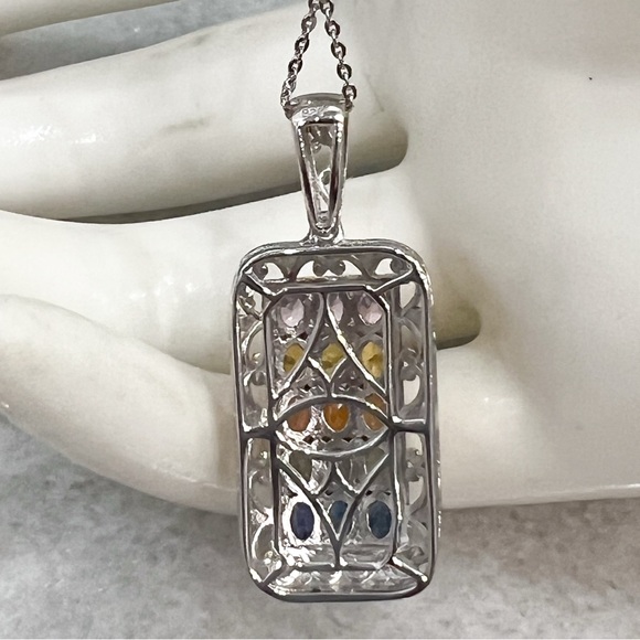 Multi Sapphire 18K Vermeil YG Sterling Silver Pendant 20” Necklace - Picture 9 of 13